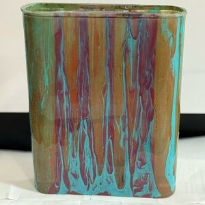 Acrylic Pour Painted Thick Glass Vase, Resin Finish, 9” Sunset Drizzle